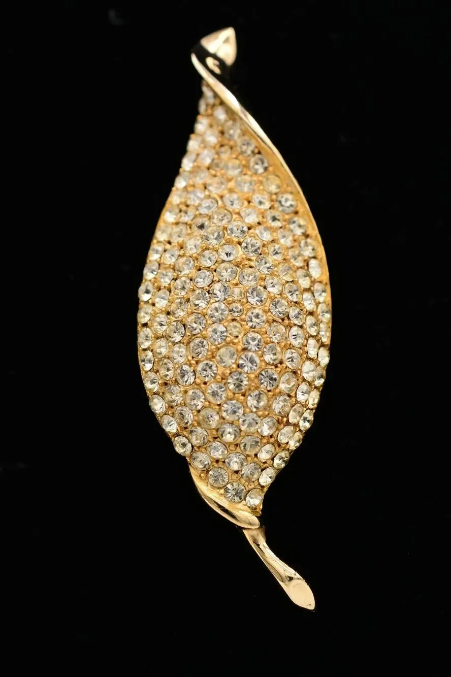 Weiss Vintage Leaf Pin Brooch Rhinestone Crystal Gold Sparkling Signed Bin5A